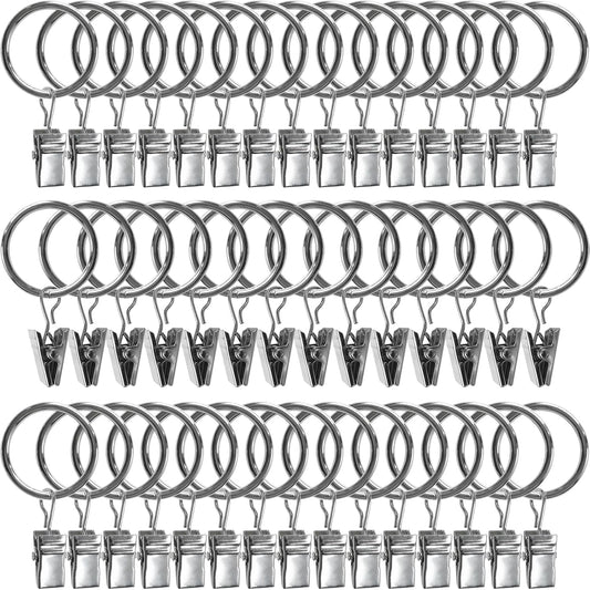 44 Pack Metal Curtain Rings with Clips, Drapery Clips with Rings, Drapes Rings 1 inch Inner Diameter, Fits Diameter 5/8 inch Curtain Rods, Silver