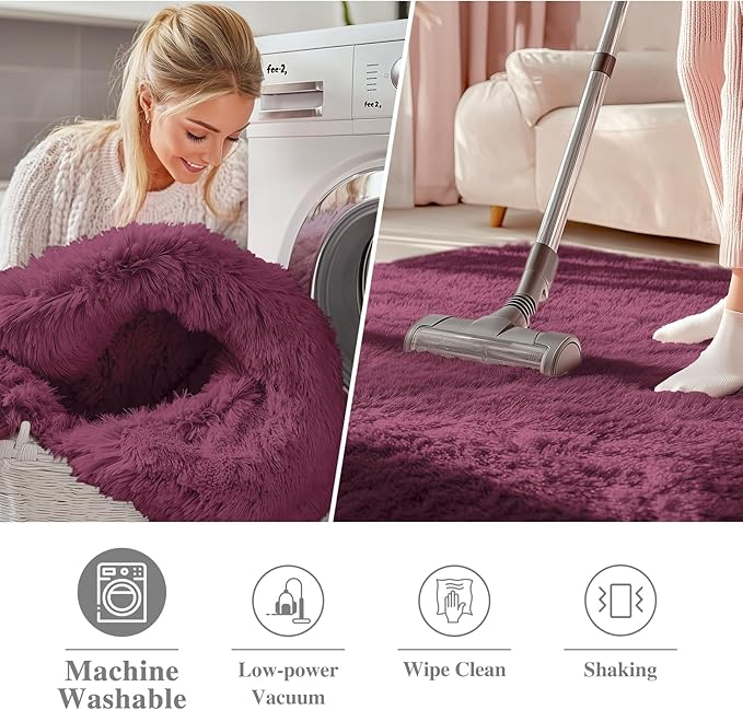 OLANLY Burgundy Round Rugs for Bedroom - Machine Washable, 8 ft Circle Area Rugs for Living Room, Soft and Fluffy Shaggy Carpet for Teen Girls and Boys, Nursery Rooms, Dorms, Home Decor Aesthetic