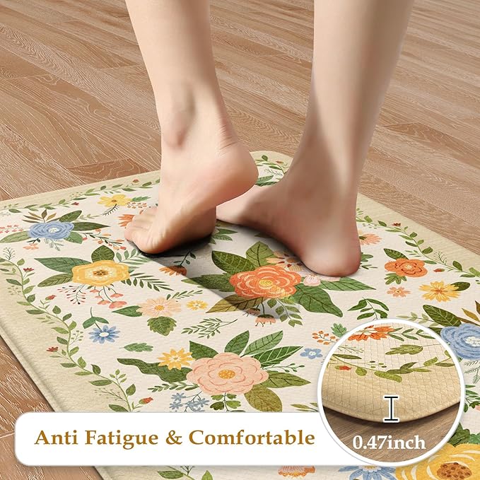 KIMODE Kitchen Mats for Floor Anti Fatigue, Beige Boho Kitchen Rugs Non Slip, Padded Kitchen Floor Mats, Memory Foam Kitchen Mats Cushioned, Standing Desk Mat for Laundry Office Sink 17"x47"+17"x29"