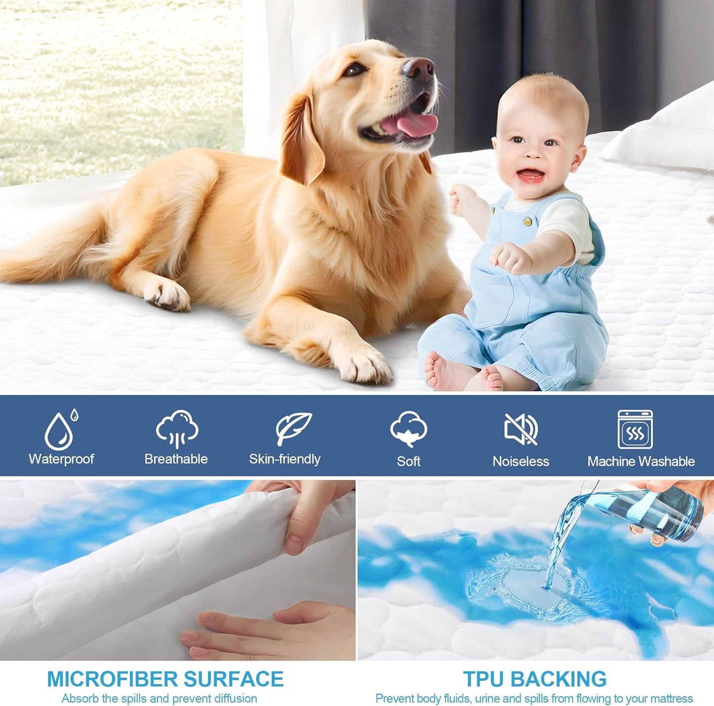 King Quilted Fitted Waterproof Mattress Protector, Noiseless Mattress Cover with 6"-18" Deep Pocket, Breathable and Soft Waterproof Mattress Pad Mattress Topper