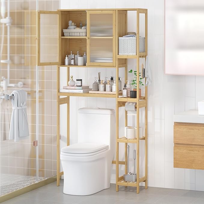 Over The Toilet Storage Cabinet Above Toilet Bathroom Organizer with Toilet Paper Holder Stand Bath Organizer with Adjustable Shelves & Acrylic Doors,Anti-Tip Device (Nature, 3 Tiers with Cabinet)