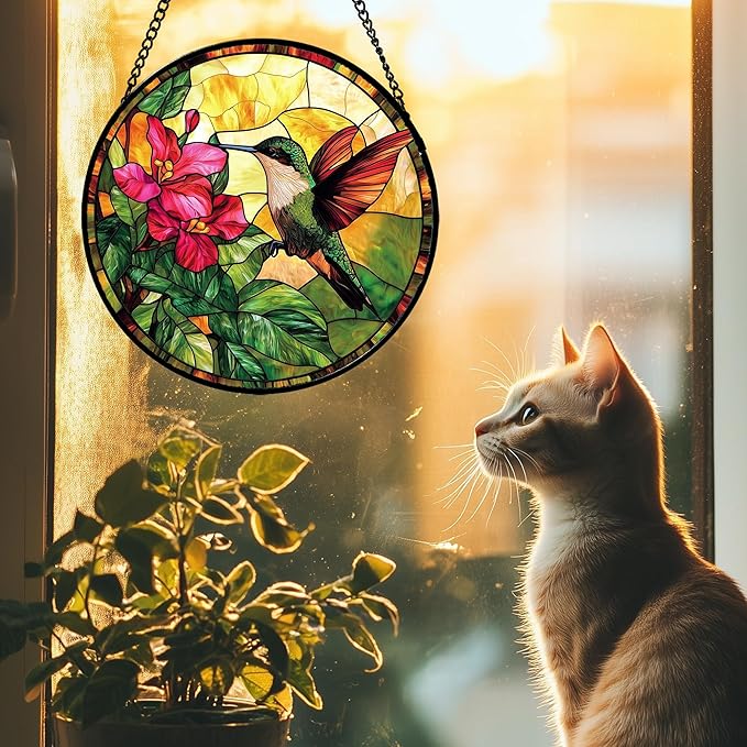Stained Glass Suncatcher, Hummingbird Red Flowers Green Leaves Sun Catcher Stain Glass Window Hanging Decoration Mother's Day Birthday Gifts for Bird Lover Women Men Mom Nana 15 in