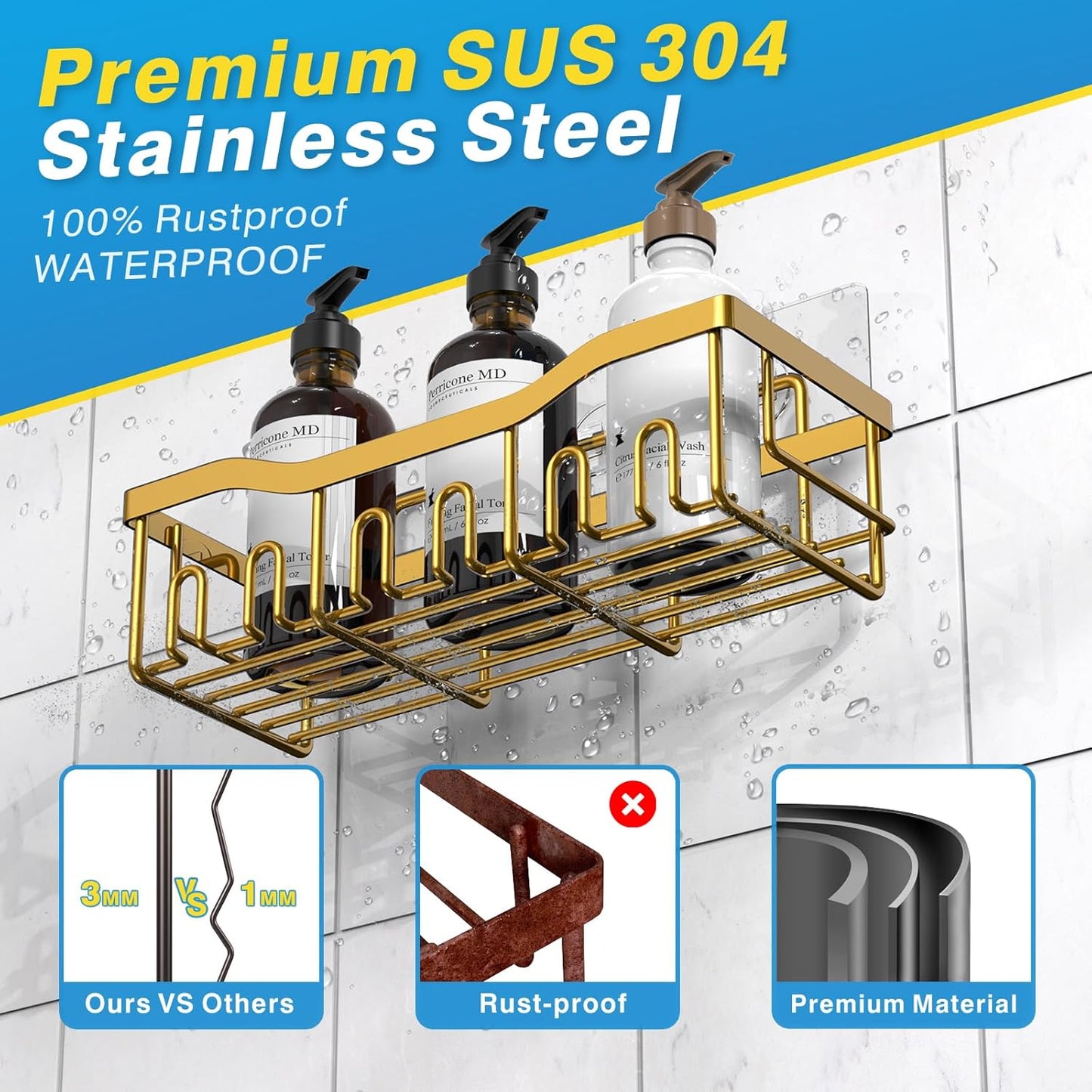 Shower Caddy 2 Pack, Adhesive Organizer for Bathroom Storage, Home Decor & Kitchen, No Drilling, Rustproof Stainless Steel Shelf, Bathroom Decor Sets