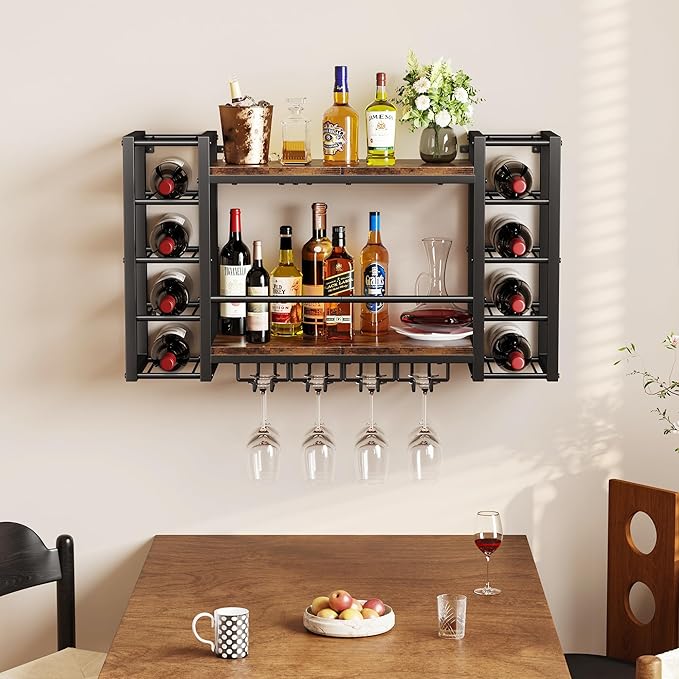 Wall Mounted Wine Rack, Bottle & Glass Holder, Wood & Metal Wine Shelf Storage with Top Enclosure, Heavy Duty Bar Decor for Home, Kitchen, Bar (31.9" x 9.8" x 19.7")