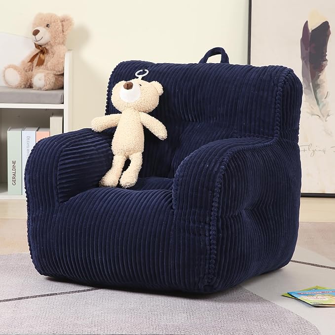 Kids Bean Bag Chair with a Plush Bear, Comfy Toddler Chair for Boys and Girls, Dark Blue