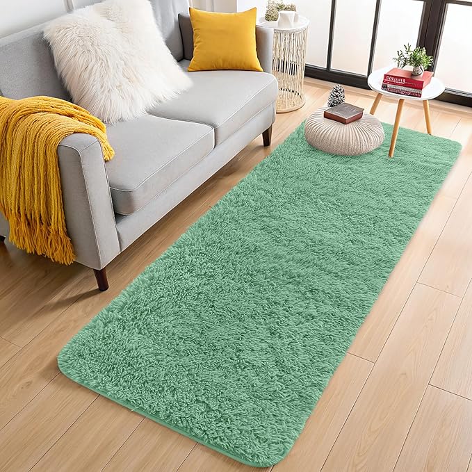 OLANLY 2x6 Machine Washable Runner Rugs for Hallway, Soft Fluffy Shaggy Bedside Rugs for Bedroom, Living Room, Indoor Floor Carpet for Kids Girls Boys, Nursery Rooms, Home Decor Aesthetic, Mint Green