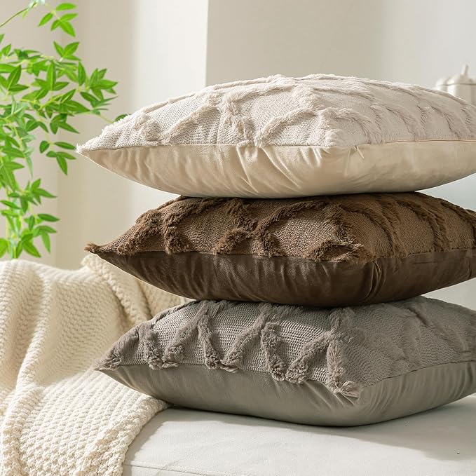 Set of 2 Soft Moroccan Throw Pillow Covers 22x22 Inch Plush Boho Decorative Pillow Cover Accent Cushion Case for Couch Sofa Bed, Light Brown