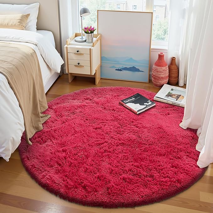 OLANLY Red Round Rugs for Bedroom - Machine Washable, 7 ft Circle Area Rugs for Living Room, Soft and Fluffy Shaggy Carpet for Teen Girls and Boys, Nursery Rooms, Dorms, Home Decor Aesthetic