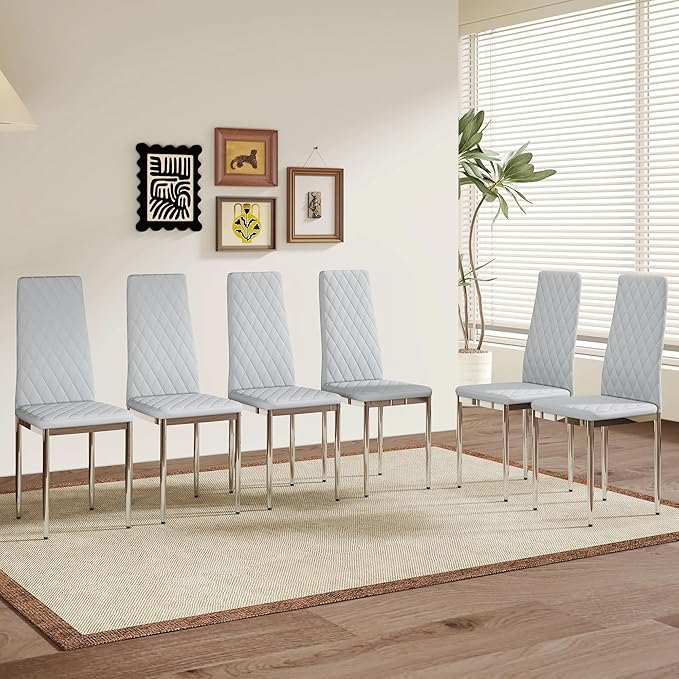 JT Modern Minimalist Dining Chair Fireproof Leather Sprayed Metal Pipe Diamond Grid Pattern Restaurant Home Conference Chair Set of 4 Or 6 (6, Gray Brown)