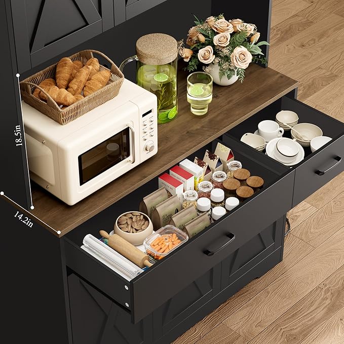 HOSTACK 71" Pantry Cabinet with Charging Station, Tall Kitchen Pantry Storage Cabinet with Microwave Stand, Farmhouse Kitchen Hutch with Storage Drawers for Living Room, Dining Room, Black