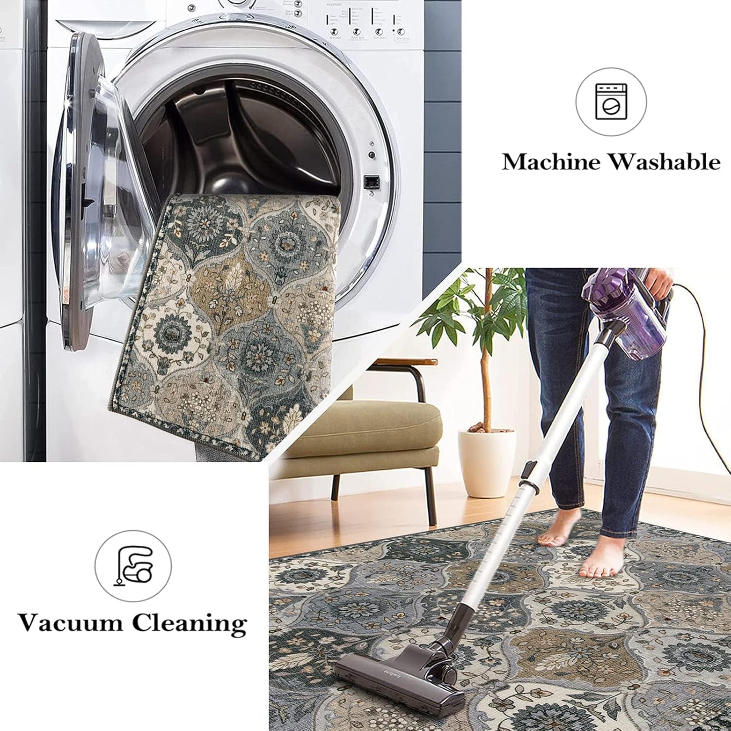 Lahome Moroccan Trellis Washable Circle Rug, Round Rug 5ft Soft Non-Slip, Non-Shedding Distressed Round Carpet for Bedroom Living Room Bathroom Nursery Kitchen, Grey