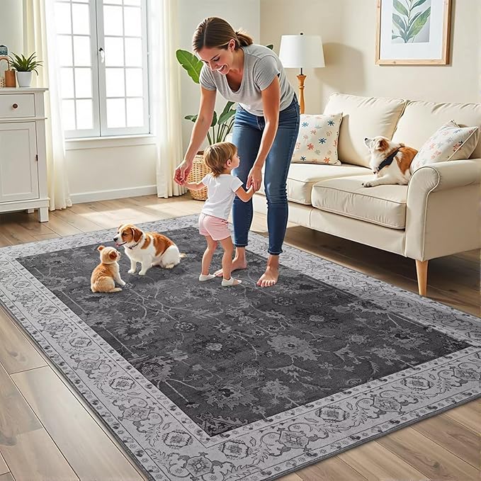 Vasofe 5x7 Rug for Bedroom, Washable Living Room Rugs for Dining Room, Black Indoor Floor Mat, Vintage Floral Mats for Home Decor, Farmhouse, Laundry Room, Non Slip Low Pile Soft Modern Carpet