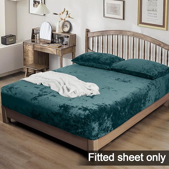 PHF Truly Velvet Fitted Sheet Only King Size, Luxury Super Soft Cozy Fuzzy Flannel Bottom Sheet, Deep Pocket Up to 16",Strenghth Elastic Band, Suitable for Fall Winter Spring, No Pillowcases, Teal