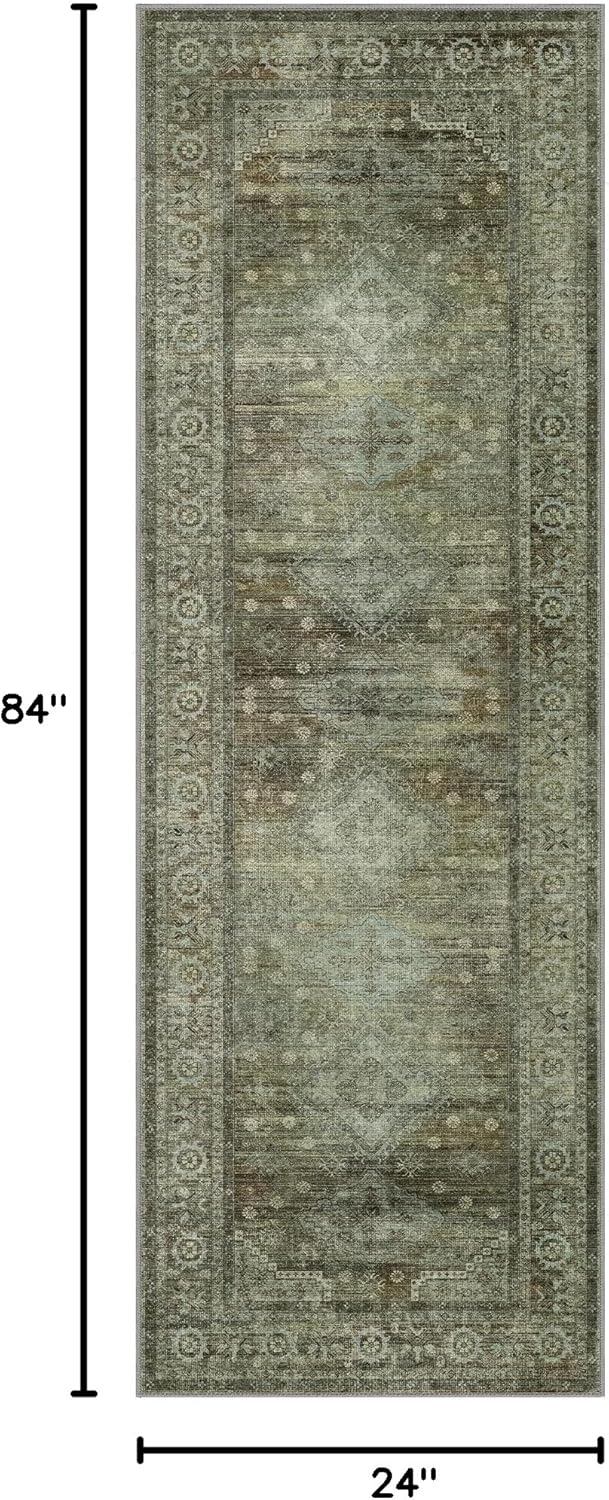 Runner Rug for Hallway Kitchen, 2x7 Machine Washable Runners Rug for Entryway, Soft Modern Boho Throw Rugs, Low Pile Floor Cover with Non Slip Backing, Distressed Light Greyish Sage Green