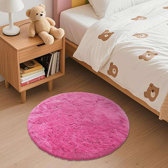 OLANLY Hot Pink Round Rugs for Bedroom - Machine Washable, 2 ft Circle Area Rugs for Living Room, Soft and Fluffy Shaggy Carpet for Teen Girls and Boys, Nursery Rooms, Dorms, Home Decor Aesthetic