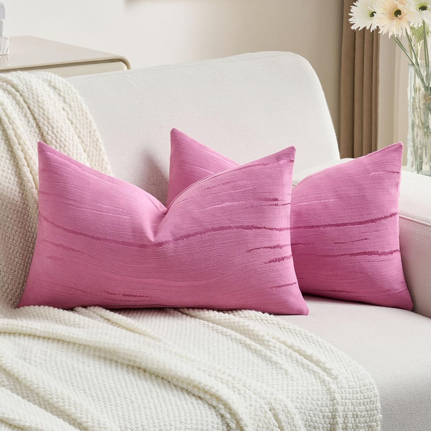 FUTEI Hot Pink Chenille Decorative Throw Pillow Covers 12x20 Inch Set of 2,Soft Embossed Striped Textured Lumbar Pillow Cases,Modern Home Decor for Couch Bed Living Room