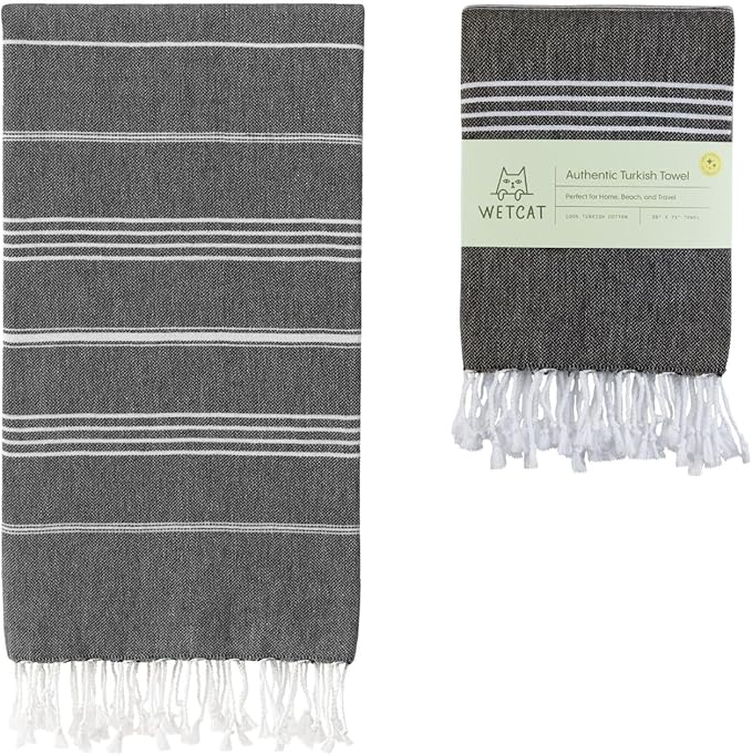 WETCAT Turkish Beach Towel Oversized (38"x71") 100% Turkish Cotton, Made in Turkey - Sand Free, Extra Large, Ultra Soft, Quick Drying, Compact & Lightweight for Travel - Black