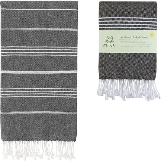 WETCAT Turkish Beach Towel Oversized (38"x71") 100% Turkish Cotton, Made in Turkey - Sand Free, Extra Large, Ultra Soft, Quick Drying, Compact & Lightweight for Travel - Black