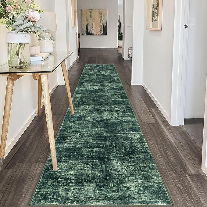 IOHOUZE Abstract Runner Rug 2x10 Ft Washable Runners for Hallways, Non Slip Kitchen Runner Printed Faux Wool Entryway Runner Indoor, Modern Abstract Floor Carpet for Hall Kitchen, Dark Green