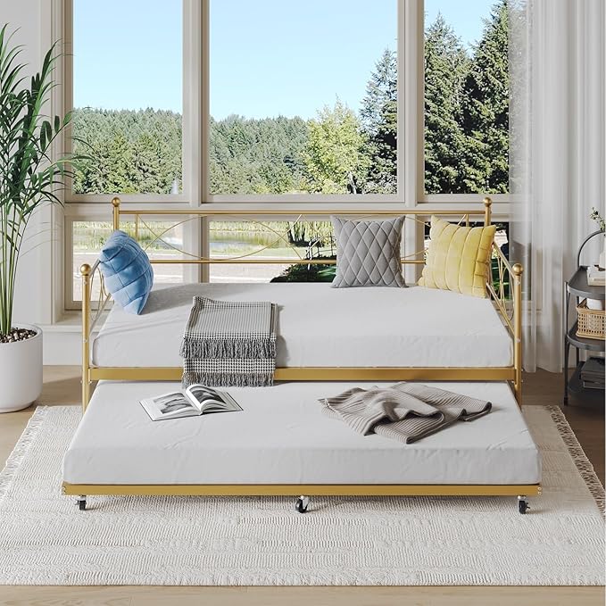 IDEALHOUSE Twin daybed with Trundle, Metal Twin Daybed and Trundle Set, Day Bed Sofa Bed Frame with Steel Slat Support, Multifunctional Daybed Frame for Bedroom (Gold Sets)