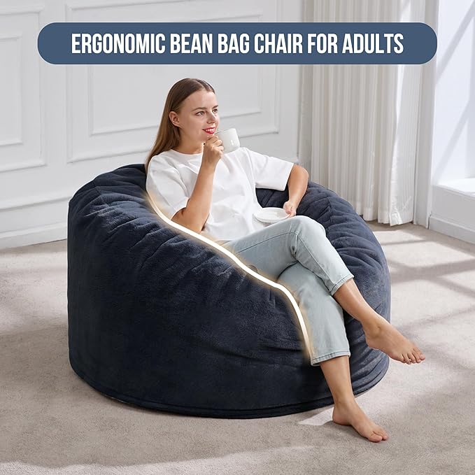 Hobestluk 3ft Bean Bag Chairs for Adults Large Beanbag Chair with Plush Faux Fur Cover Big Bean Bag Chair for Living Room Bedroom Dorm Office - Dark Grey (36” x 36” x 22”)