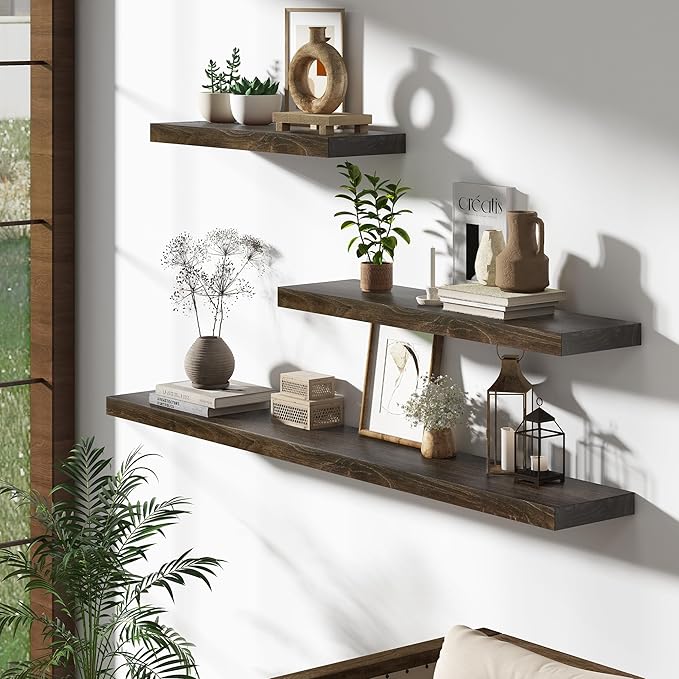 Rustic Wood Floating Shelves for Wall Decor, Elm Wood Shelves 48 Inch Long, 8 Inch Deep Floating Shelf for Living Room Bathroom Bedroom Kitchen, 48 x 8 Wall Shelves Set of 1, Walnut Color