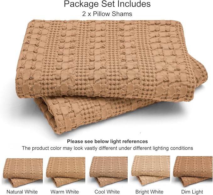 PHF 100% Cotton Waffle Pillow Shams Queen Size, 2 Pack 20" x 30" Soft Skin-Friendly Pillowcases, No Filling, Aesthetic Woven and Breathable Waffle Weave Pillow Case Covers for Bed, Camel