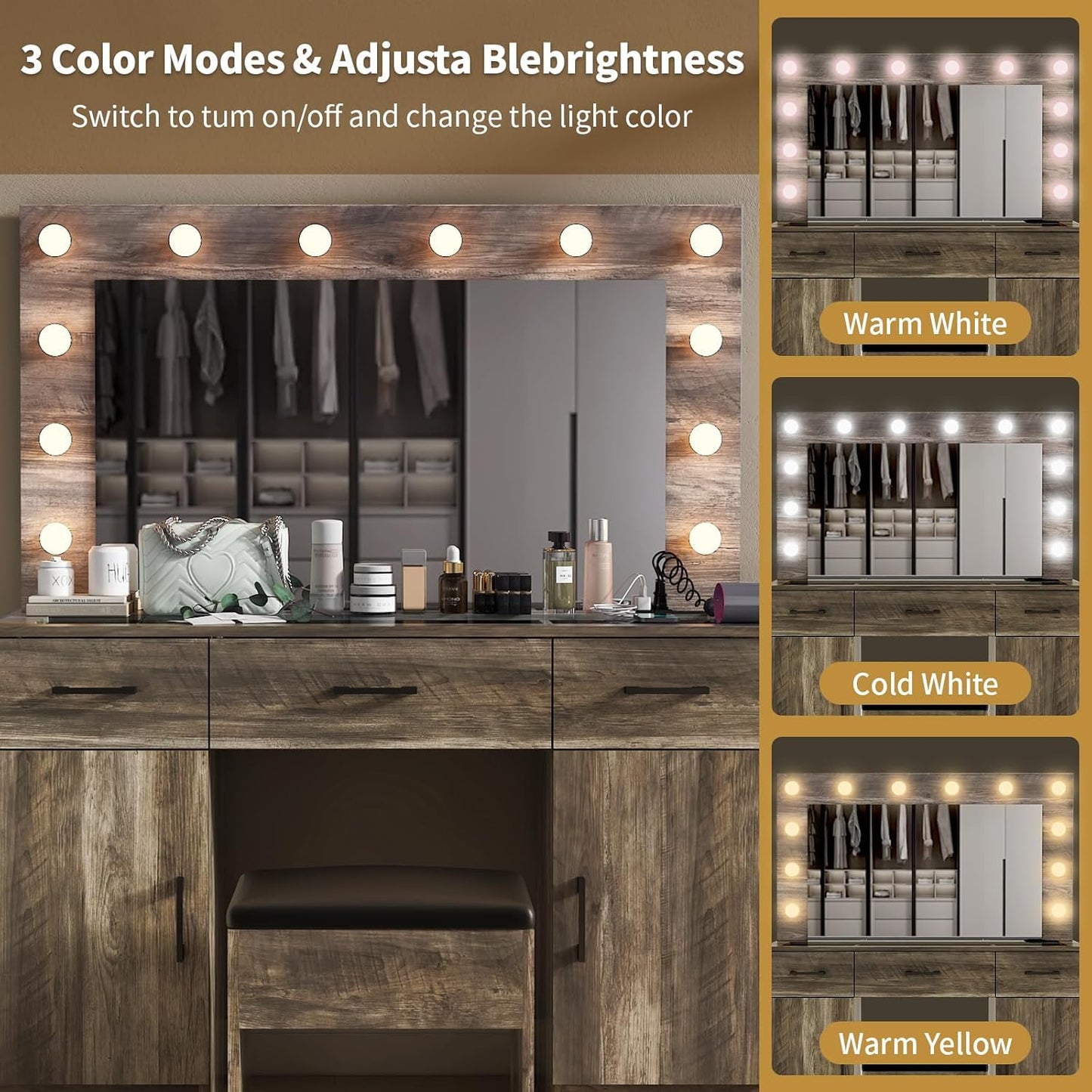 Karl home Vanity Desk with Large Lighted Mirror & Powre Outlet, Glass Tabletop Makeup Vanity Set with 3 Drawers & 2 Cabinet, 45.3" Make up Dressing Table with 12 Lights for Bedroom, Gray