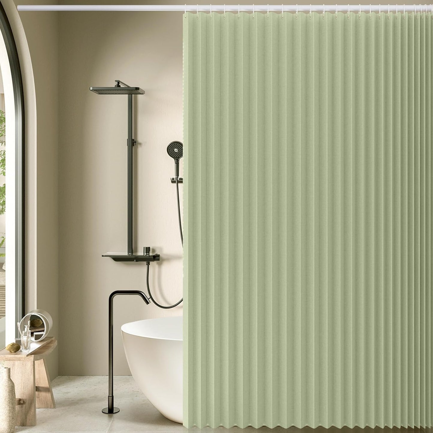 Jubilantex Folding Linen Shower Curtain for Bathroom Sage Waterproof Shower Curtain 1 Panel with 14 Metal Grommets and 1 Tie Back for Hotel,70"x70"