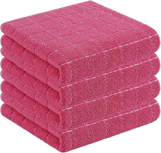 Homaxy 100% Cotton Terry Kitchen Towels(Rose Red, 13 x 28 inches), Checkered Designed, Soft and Super Absorbent Dish Towels, 4 Pack