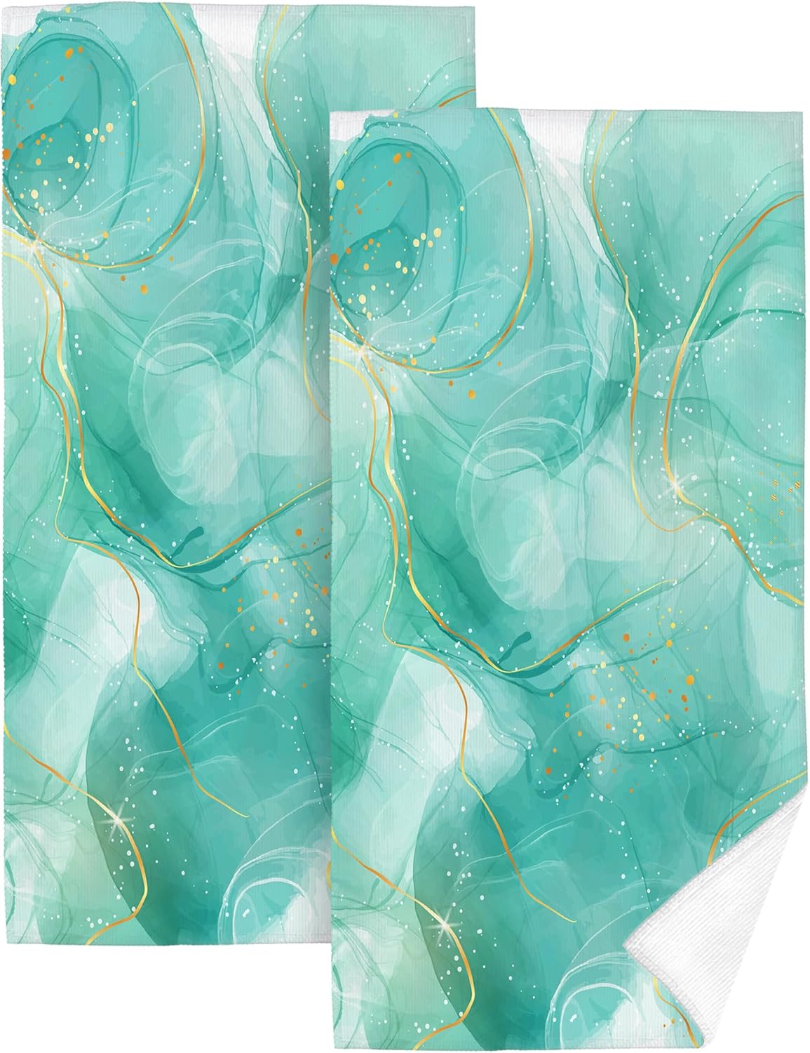 Teal Gold Marble Bathroom Hand Towels Decorative Set of 2 Green Turquoise Bath Hand Towels for Bathroom Kitchen Home Gym Yoga Spa 14"x28" Soft Absorbent Farmhouse Decorative Towel