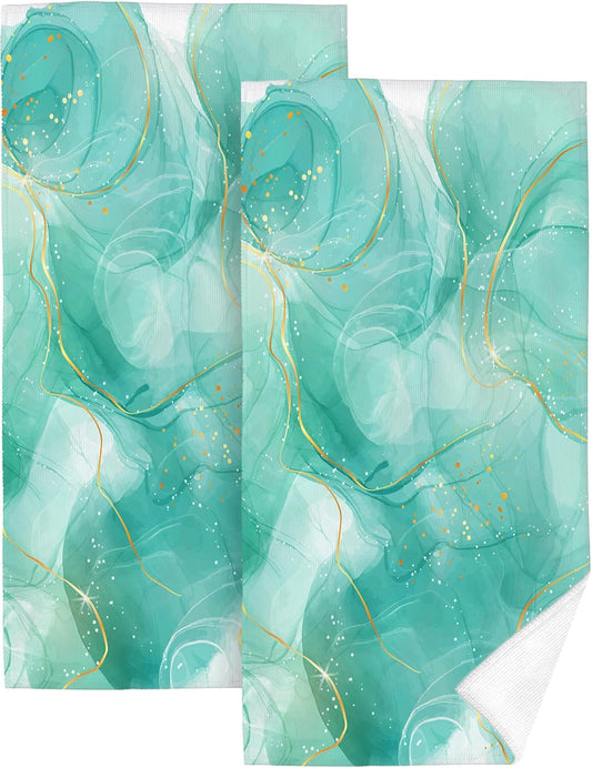 Teal Gold Marble Bathroom Hand Towels Decorative Set of 2 Green Turquoise Bath Hand Towels for Bathroom Kitchen Home Gym Yoga Spa 14"x28" Soft Absorbent Farmhouse Decorative Towel