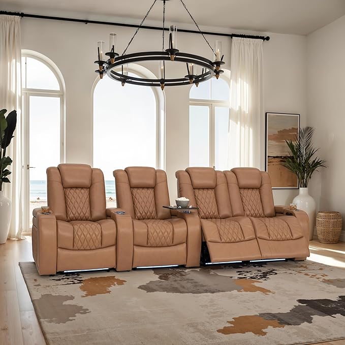 Seatcraft Diamante Zero-Gravity CoolZero Italian Leather Home Theater Seating, Power Headrest, Power Recline, Row of 4 Right Loveseat, Tan Oak