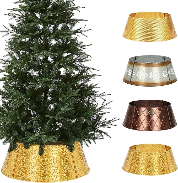 Metal Christmas Tree Collar, 23’’ D Christmas Decorative Base Cover for Christmas Tree, Tree Skirt, Tree Ring-Golden