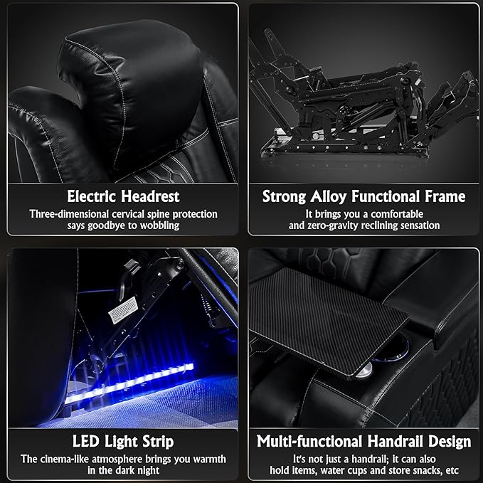 Home Theater Seating, Living Room, Powered Headrest, Powered Lumbar, Italian Leather, Powered Recline, Single Recliner (Black, Row of 2)