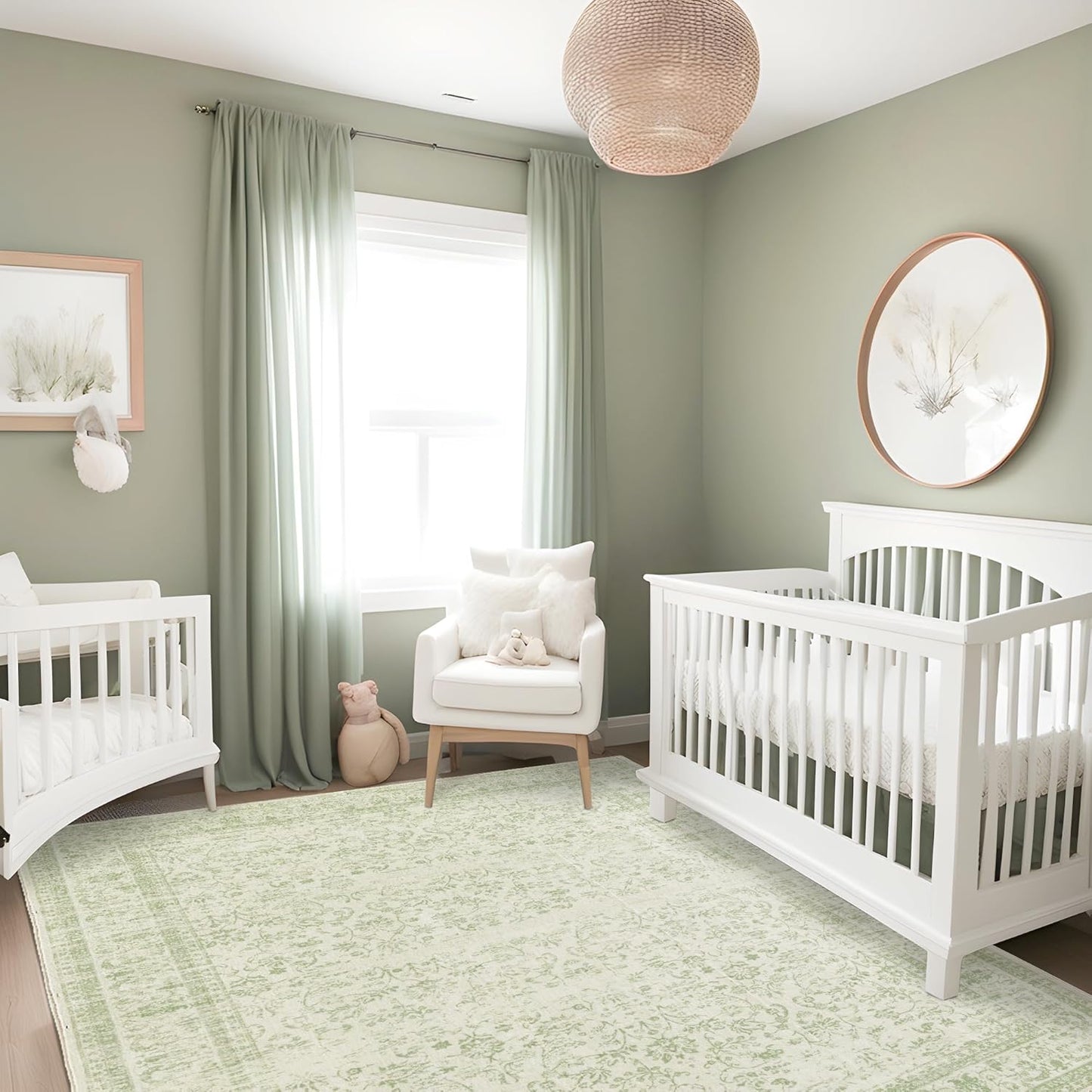 Sage Green Rug for Nursery Baby Girl,Boho Floral Washable Soft Faux Wool Cottagecore Area Rugs for Living Room Bedroom,5 x7,Light Green