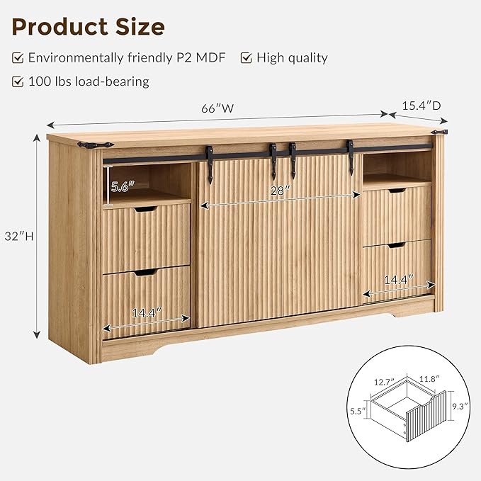 JXQTLINGMU Modern 66" TV Stand, Entertainment Center for TVs Up to 75", Media Console w/4 Drawers & Sliding Door, Luxury Fluted TV Stand w/Storage Shelves, Wood Television Stand for Living Room, Oak