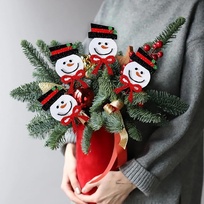 6Pcs Red Black Snowman Head Picks, Christmas Tree Decoration, Ornaments for Home Office Party