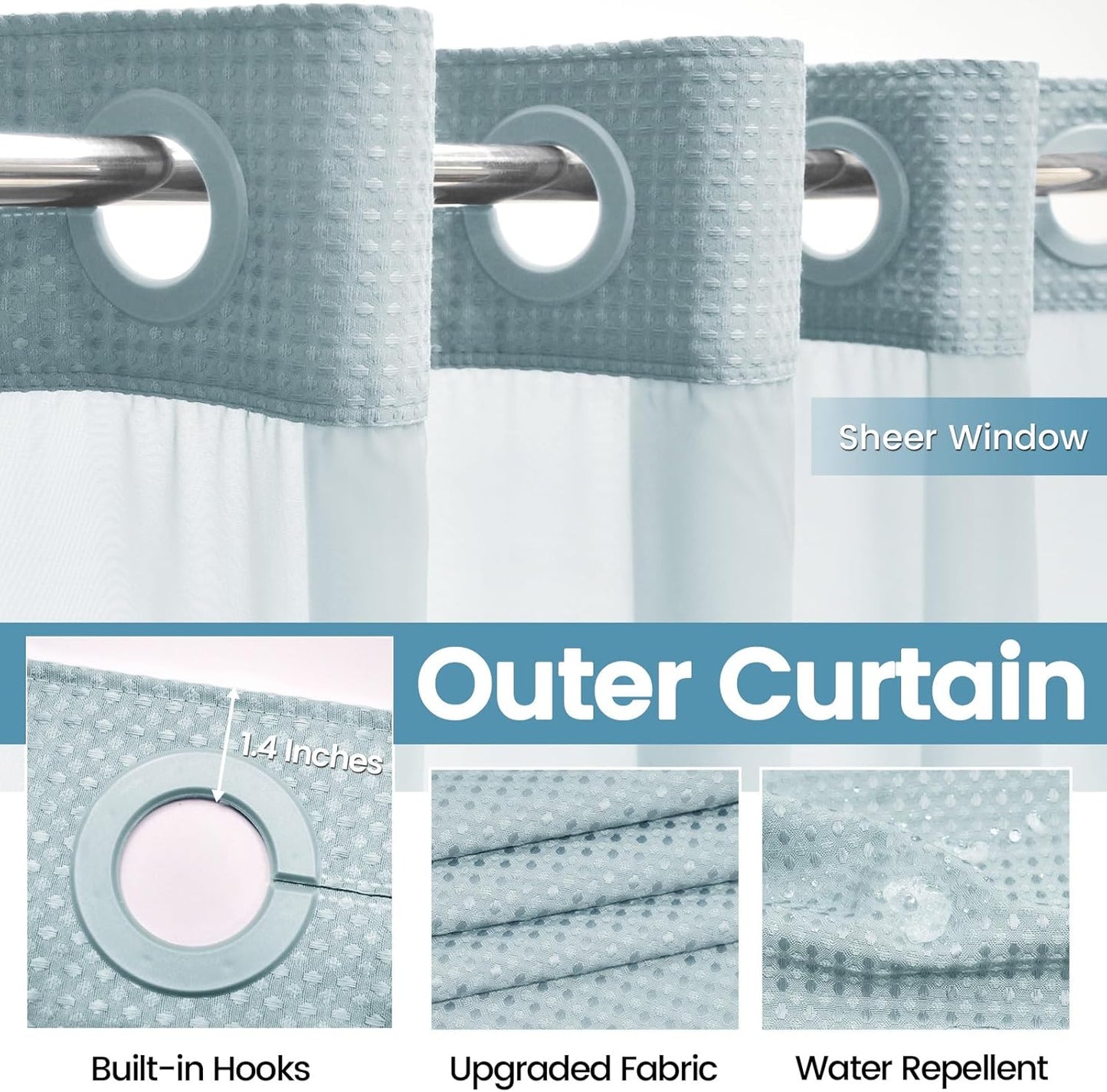 Fog Blue No Hook Shower Curtain with Snap in Liner,230GSM Waffle Weave Shower Curtains for Bathroom,71W x 74H