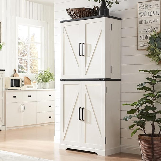 72" Tall Kitchen Pantry, Farmhouse Storage Cabinet with Barn Doors, Organizer, Drawer and Adjustable Shelves, Rustic Wood Cupboard for Kitchen, Dining Room, Bathroom, Off White