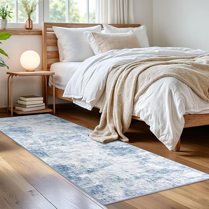 IOHOUZE Abstract Runner Rug 2x6 Ft Washable Runners for Hallways, Non Slip Kitchen Runner Printed Faux Wool Entryway Runner Indoor, Modern Abstract Floor Carpet for Hall Bedroom, Light Blue White