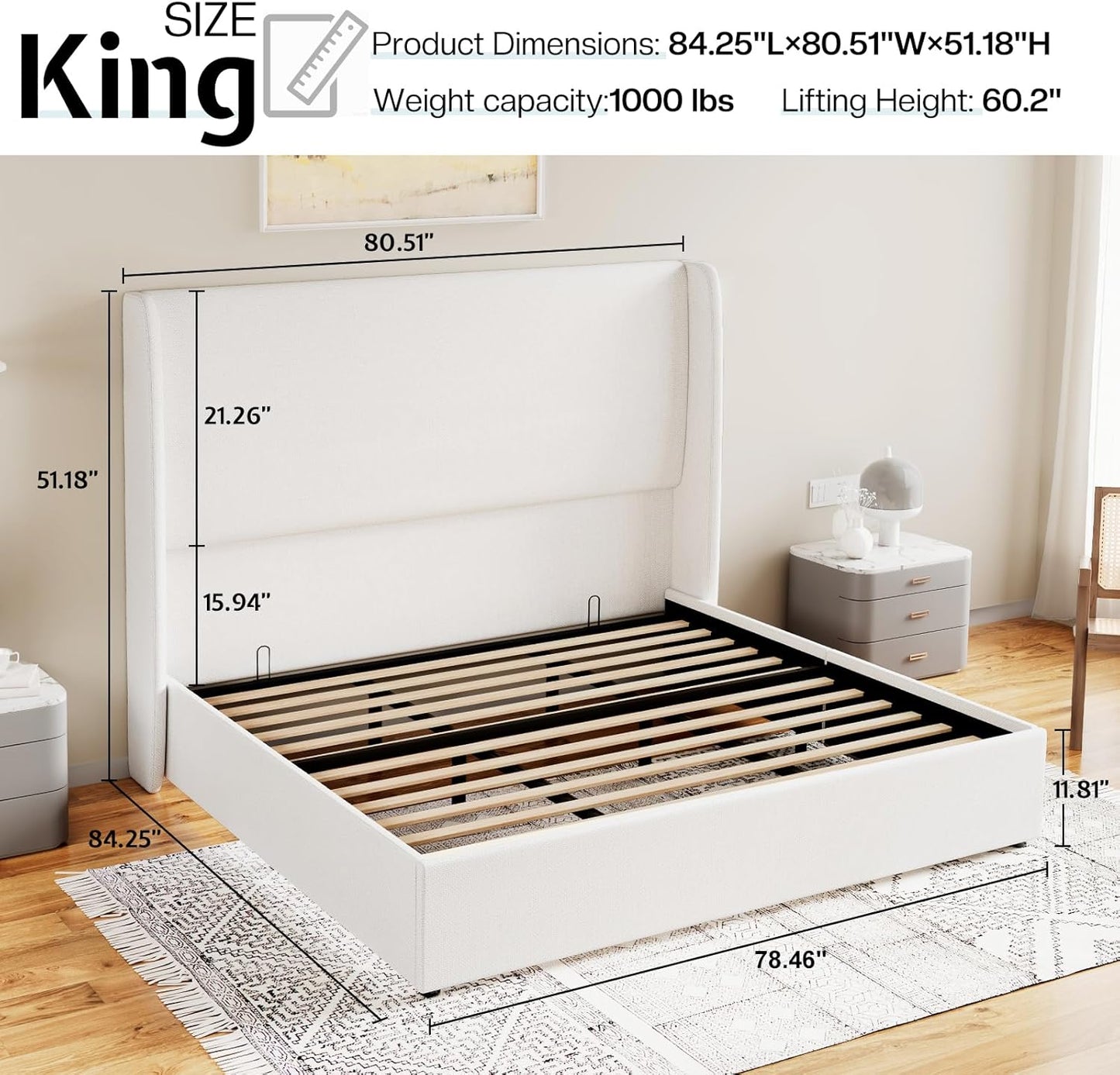 Jocisland King Size Bed Frame with Storage - Upholstered Lift Platform Bed, Wingback Headboard, Hydraulic System, No Box Spring Needed, Wood Slats Support, White