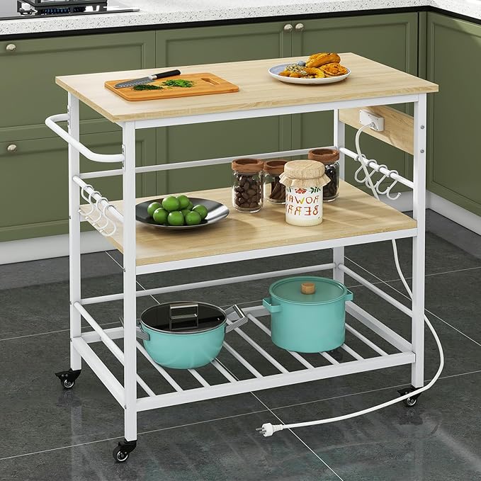 IBUYKE Kitchen Island with 3 Shelves, Island Table for Kitchen with Power Outlet,Kitchen Cart with Large Worktop,Rolling Bar Cart for Home, Outdoor, Kitchen TMJ024R