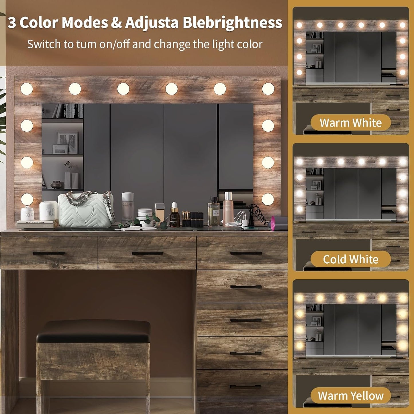 Karl home Vanity Desk with Large Lighted Mirror & Powre Outlet, Glass Tabletop Makeup Vanity Set with 7 Drawers, 45.3" Vanity Table with 3 Color Lighting Modes, Dressing Table for Women Girls, Gray