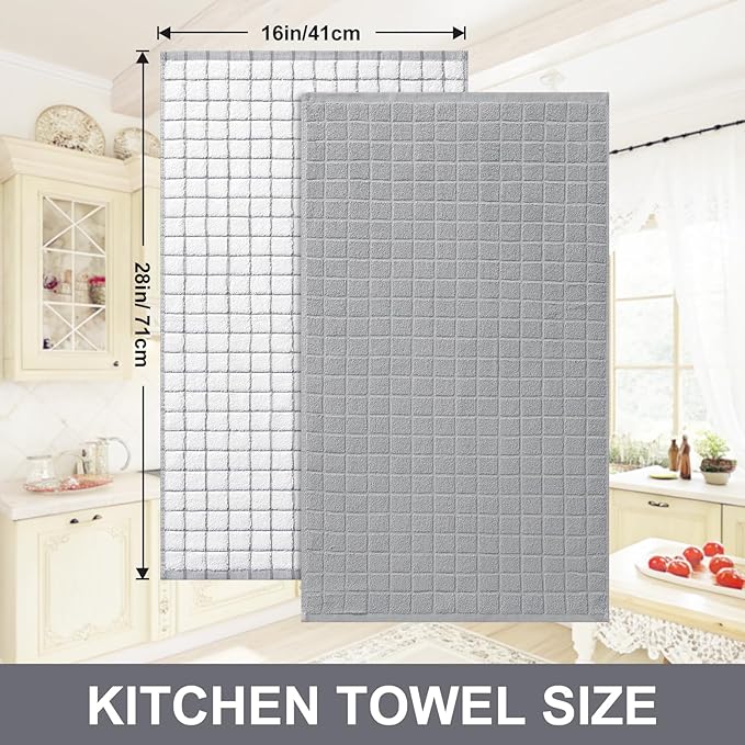 Homaxy Premium Cotton kitchen towels 16"x 28", Large Natural Ring Spun 390 GSM Dish Towels, Super Absorbent Terry Kitchen Hand Towels, Soft Tea Towel with Hanging Loop, Light Grey Check Design, 8 Pack