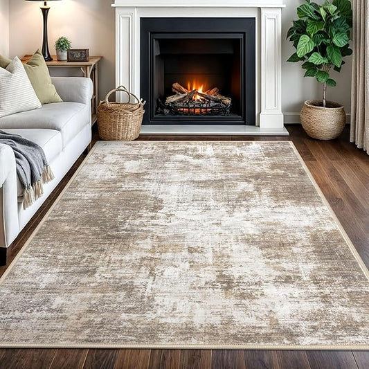 IOHOUZE Abstract Area Rugs 5x7 Ft Washable Rugs for Living Room, Non Slip Dining Room Rug, Printed Faux Wool Rugs for Bedroom, Floor Carpet for Office Nursery Playroom, Beige Brown