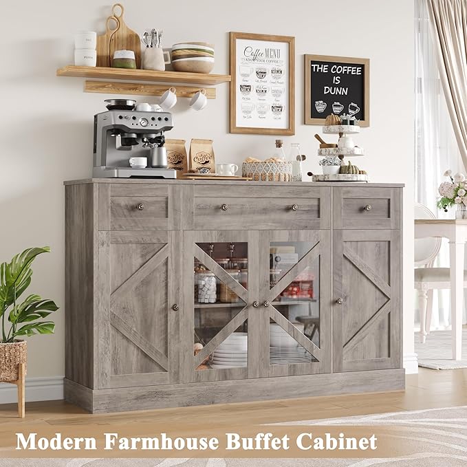 Keyluv Buffet Sideboard 55" Large Storage Cabinet 4 Doors and 3 Drawers, Farmhouse Wooden Coffee Bar Space-Saved Cupboard Furniture for Dining Room, Kitchen, Living Room, Grey Brown