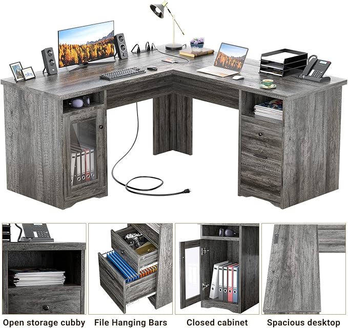 Unikito L Shaped Desk with Drawers, 60 Inch Corner Computer Desks with USB Charging Port and Power Outlet, Large 2 Person Home Office Table with File Cabinet, Black Oak