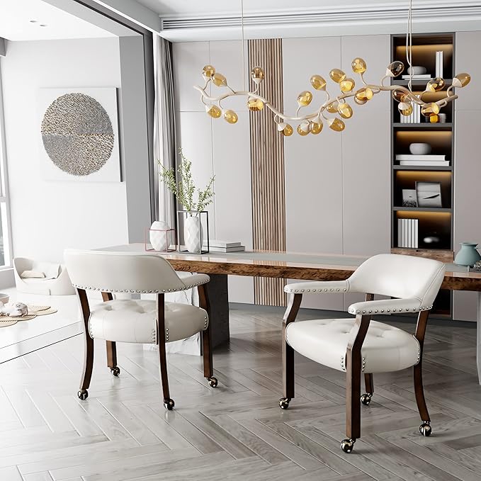 MODERION Solid Wood Boss Caption's Chairs,Dinning Chairs with Wheels and Arms,Office Desk Chairs, Classic Swivel Accent Chairs with Upholstered,Dinner Chairs, 31.5¡±H White SY318WT