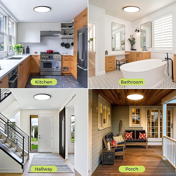 hepside LED Flush Mount Ceiling Light Fixture, 12Inch 24W, Dimmable&3000K/3500K/4000K/5000K/6500K Adjustable Low Profile Ceiling Lights, 3200LM Modern Lamp for Bedroom, Porch, Kitchen, Hallway, Black